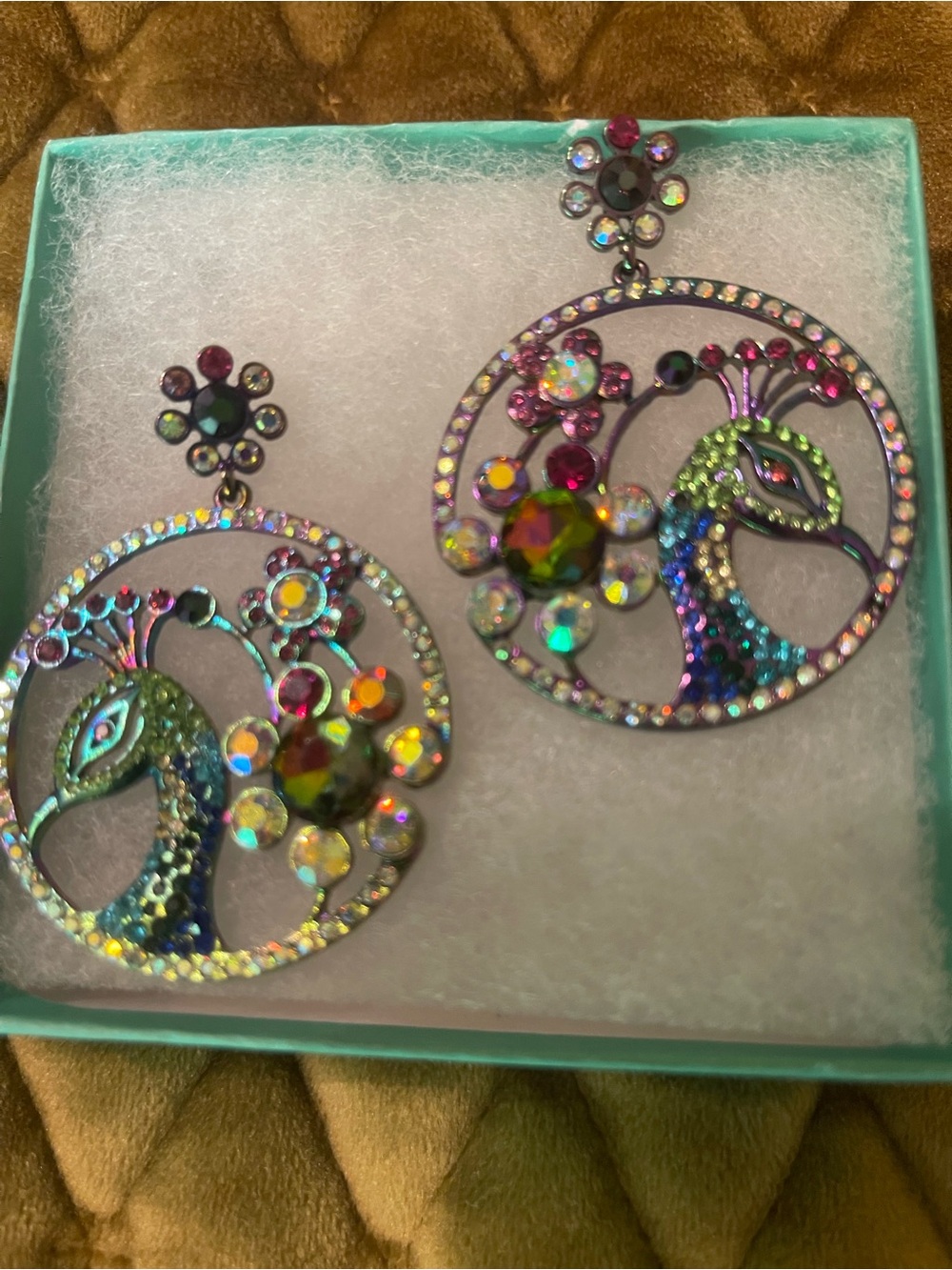 Betsey Johnson Multicolor Iridescent Peacock Drop Earrings